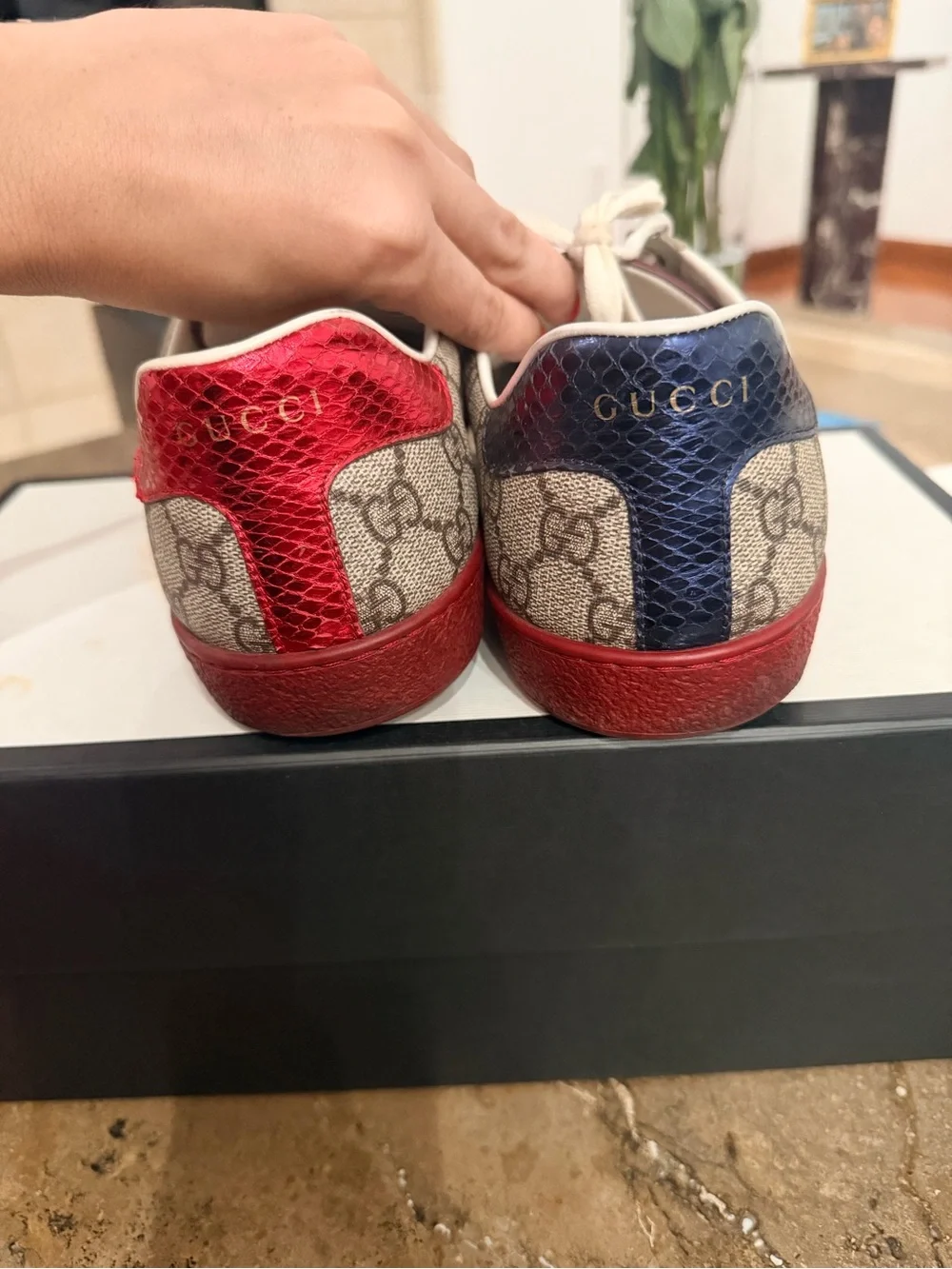 Gucci Beige GG Canvas Sneakers with Red & Navy Web and Red Sole